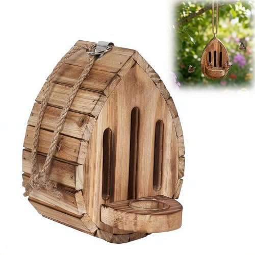 Casa de mariposa para exterior, casa de mariposa de madera en forma de lágrima para hábitat exterior y comedero con cuerda para decoración de jardín, decoración de jardín resistente a la intemperie (1