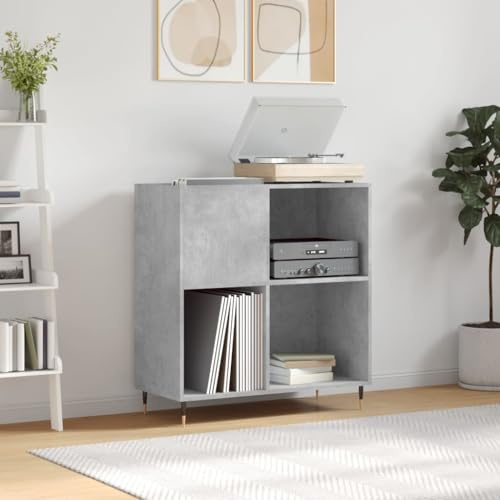 Mangloder skivskåp betonggrå av trämaterial och järn, 84,5 x 38 x 89 cm, lagringsutrymme för vinylskivor, med toppplatta för skivspelare, väggfäste och industriellt utseende