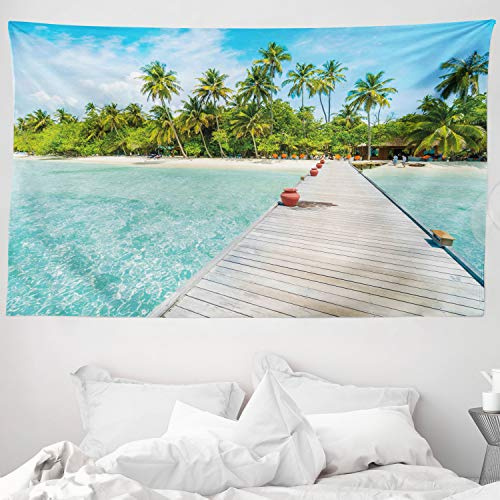 ABAKUHAUS Tropisch Wandteppich und Tagesdecke, Malediven-Insel-Strand aus Weiches Mikrofaser Stoff Waschbar ohne Verblassen Digitaldruck, 230 x 140 cm, Farngrün Türkis Aqua