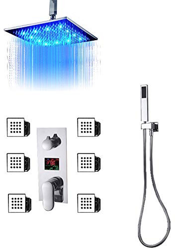LED Sistema de Ducha con Pantalla Digital, Cromo Conjunto de Ducha Montado en el Techo Columna de Ducha con Alcachofa de Ducha, Alcachofa de Mano, Chorros de Masaje,16 Inches