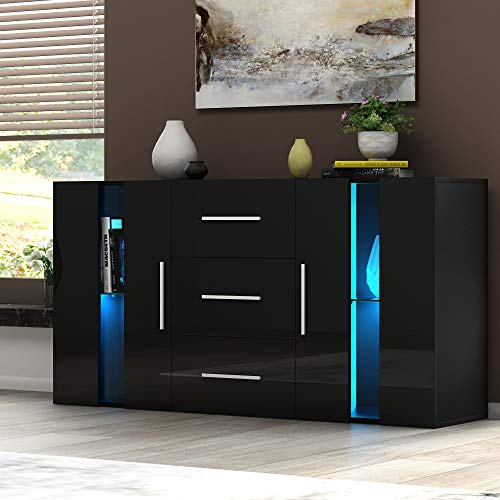 Panana 2 Door & 3 Drawer Modern RGB Lights Sideboard Cabinet, Matt & High Gloss Cupboard Unit Livingroom (Black)