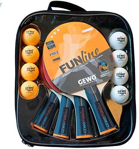 GEWO Family & Friends Tischtennisschläger-Set - 4 Tischtennisschläger für Hobby und Freizeit mit 8 TT-Bällen und praktischer Aufbewahrungstasche - Komplettschläger mit Raver Belag, Griff konkav