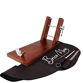 Jamonero de madera económico color nogal, soporte jamonero de madera cocina doméstica y profesional, jamonero con cuchillo, chaira y cubrejamón Bricomiras, jamonero madera de pino