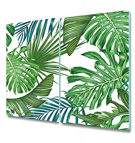 Coloray Glass Chopping Board 2X 11.8 x 20.5 inch / 2x30x52cm Tempered Safety Glass Splashback for Kitchen Protection Cutting Board Worktop - Minty Monstera Forest Delicate Watercolour