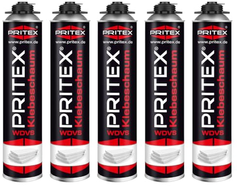 PRITEX – WDVS Klebeschaum 5 x 750 ml zum Isolieren, Fixieren & Befestigen – Dämmstoffkleber mit sehr guter Haftung, niedrigem Aushärtedruck & geringer Nachdehnung – Bauschaum für Montagepistole