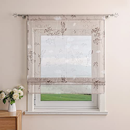 Delien Raffrollo Leinenoptik Transparente Rollos Landhaus Küche Gardine Modern Raffgardine mit Blumendruck »Löwenzahn« Bändchenrollo für Klein Fenster mit Tunnelzug BxH 60x140cm,Sand