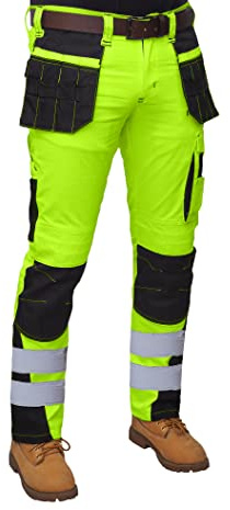 HASHOOB TRADING FZE Men’s Hi Vis Trousers high Visibility Cargo Workwear Soft Heavy Duty Multi Pocket Easy Care Pants Reflective Tape Work Trousers