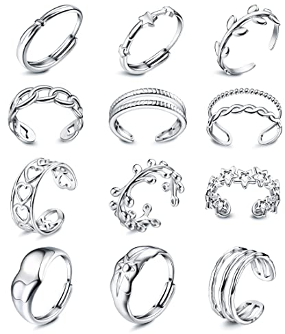 JeryWe 12PCS Edelstahl Ringe Damen Verstellbar Silber äSthetischer Schmuck Stapelbar Trendy Knöchel Daumen Finger Ringe GrößE 6-9 Indie Offene Set（Silber1）