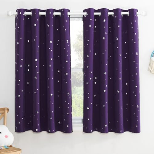 PONY DANCE Purple Blackout Curtains for Bedroom - Eyelet Soft Thermal Insulated Noise Reducing Foil Printed Kids Curtains for Nursery Living Room, 52 x 63 Drop Inch, 2 Panels