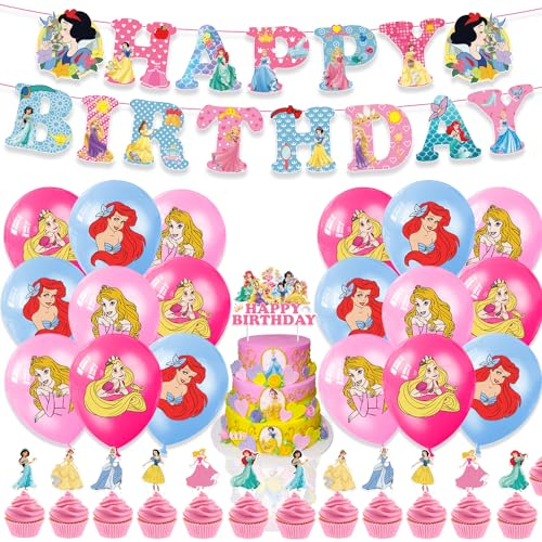 Princess Birthday Decoration Princess Birthday Party Supplies Happy Birthday Banner, Balloons, Cake Topper, Cupcake Toppers for Birthday Party