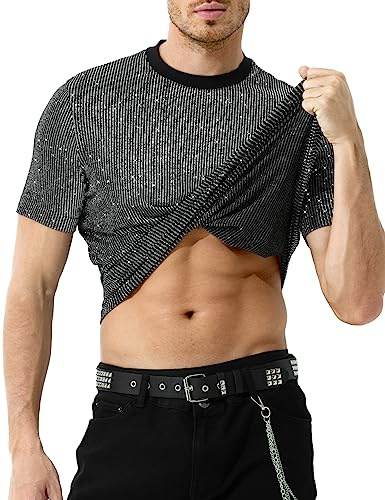 Casey Kevin Camisetas Lentejuelas Hombre Camisa Rock Fiesta Discoteca Ropa Punk Metalizada Brillo Negra Manga Corta Suaves Brillante Plateada Interior Club Nocturno Jazz Dance Clubwear