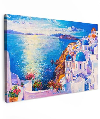 MuchoWow© Leinwände Groß XXL Wall Decoration Bilder Schlafzimmer Deko | 120x80 cm - Pictures Canvas Painting Wanddekoration Wohnzimmer Kunstdruck - Gemälde - Griechenland - Wasser - Ölfarbe