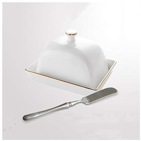 Butter Dish Ceramic Butter Dish Simple and Generous Pure White Butter Holder with Lid Hotel Tableware Butter Box with Butter Knife Set Butter Container ( Color : Gold , Size : B )