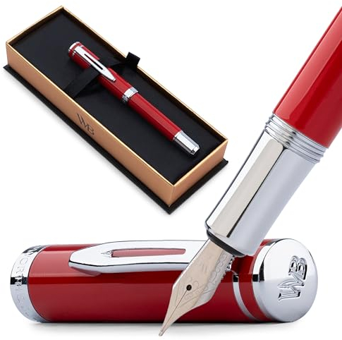 Wordsworth and Black Fountain Pen Mini EDC Roter Taschenstift, Chrom, Mittlere Feder, 6 Tintenpatronen, Tinten-Konverter, Nachfüllbares Stift-Geschenkset, Männer & Frauen