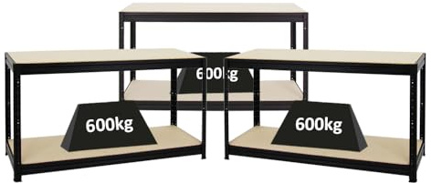 PROREGAL Mega Deal 3er-Set Höhenverstellbare Werkbank Dino 90x160x60cm Traglast 600kg Schwarz, Werktisch, Arbeitstisch