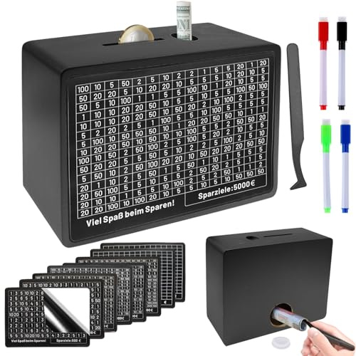 KIKVTER Spardose, Spardose Holz, Spardose mit Zähler, Sparbox mit Zahlen Ankreuzen, Sparschwein mit Sparziel, Sparbox, Spardosen €500 €1,000 €2,000 €3,000 €5,000 €10,000 Euro Keine Montage