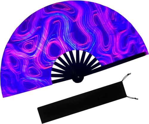 prario UV Glow Clack Handventilator mit Fächertasche, großer faltbarer Hand-Rave-Fan, für Musikfestivals, Karneval, Regenbogen-Outfits, Disco-Party, Neon-Party, Halloween, Burlesque, Drag Queen & Glow