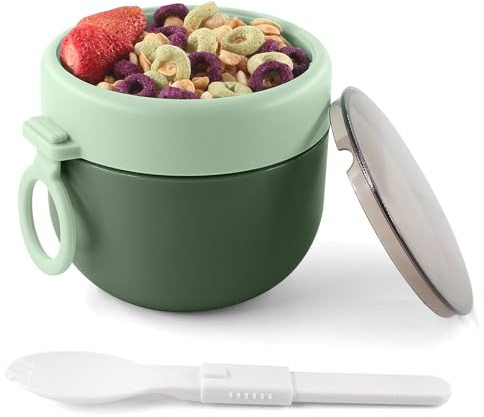 HUAERSICO Tazza da Colazione Portatile con Cucchiaio Pieghevole, Tazza Portatile da 600 ml per Macedonia di Frutta, Ideale per la Colazione e Gli Spuntini dei Bambini, Ciotola di Porridge (Verde)