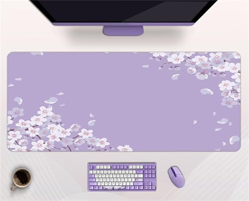 TengYuer Tapis de Souris Gaming XXL 1200x600x3mm Grand Tapis de Souris Fleur Blanche Pourpre avec Bords Cousus et Base en Caoutchouc Antidérapant Surface Spéciale Améliore la Précision et la Vitesse