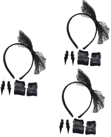 VALICLUD 3St Spitzenstirnband Stirnband mit Spitzenschleife Fischnetz Neon-Streamer 80er kostüme für damen Spielzeug Zubehör Tank Partykostüme der 80er Netzhandschuhe Neon-Ohrringe Black