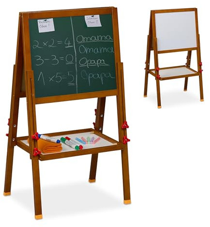 Relaxdays Kinderstandtafel, magnetische Spieltafel, höhenverstellbar, 81-104x45x42 cm, Whiteboard & Kreidetafel, braun