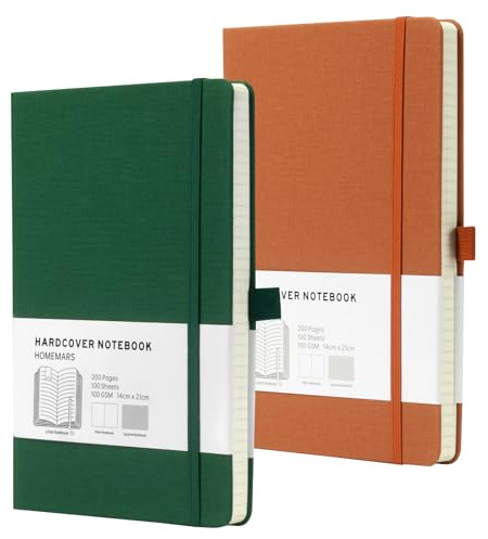 HOMEMARS Notizbuch, Notebook, Liniert A5, Journal buch, Reisetagebuch, Notizbuch Liniert A5, Notizblock, Notizbücher A5, 100GSM, 200 Pages, 2 Stück, Reisetagebuch, Grün Braun