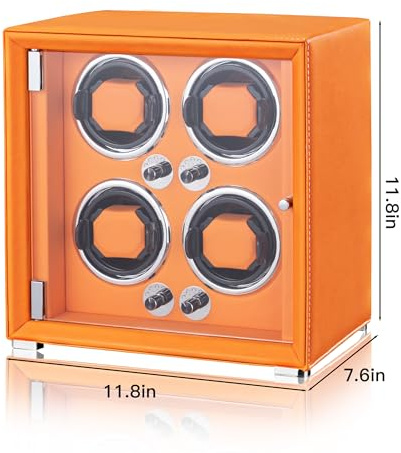 KOHUDIS Uhrenbeweger für 2/4/6/9 Automatikuhren,Watch Winder High-End-Lederherstellung, super leiser Mabuchi-Motor, Zwei Leistungsmodi, integrierte LED-Leuchten (Orange Uhrenbeweger 4 Uhren)