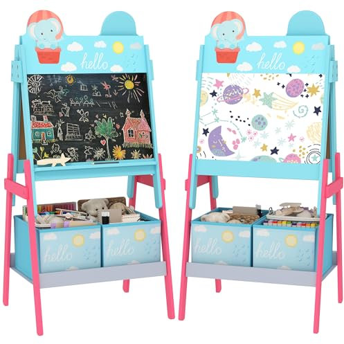 AIYAPLAY Pizarra Infantil Caballete 2 en 1 Doble Cara con Pizarra Blanca 2 Cestas de Almacenamiento Caballete Pintura Niños con Estampado de Animales 53,5x49x113 cm Azul