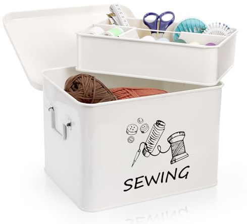 ZOOFOX Sewing Box with Removable Tray, Metal Sewing Box Organizer with Side Handles, Large White Farmhouse Sewing Basket for Sewing Supplies, Beads and Jewelry Making