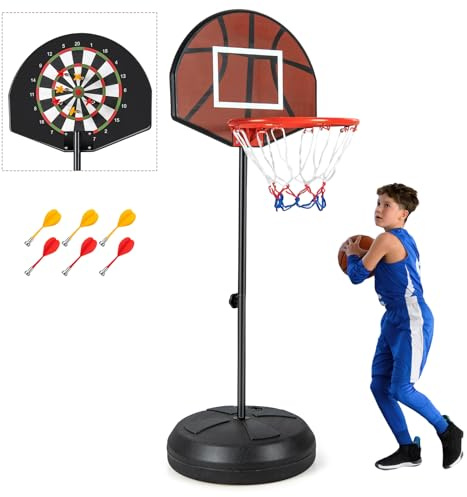 GYMAX 2 in 1 Basketballkorb mit Darts Target, Basketballständer höhenverstellbar 96–146 cm, Mini Basketball-Hoop tragbar für innen & außen, für Kinder im Alter von 3 bis 10 Jahren