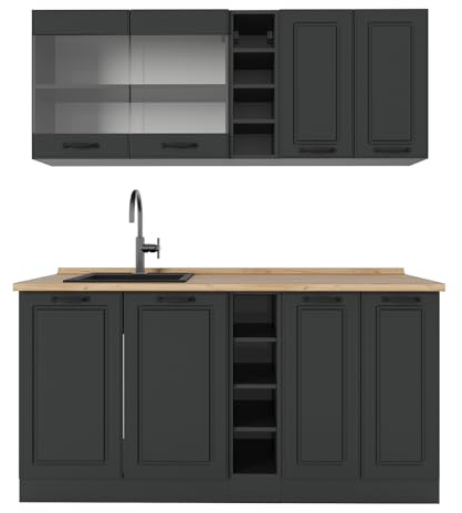 Vicco Singleküche R-Line, Anthrazit Landhaus/Anthrazit, 160 cm | 6 Module · Höhenverstellbare Füße · Ohne Arbeitsplatte · MDF-Fronten · Mit offenen Regalen · Frei kombinierbar