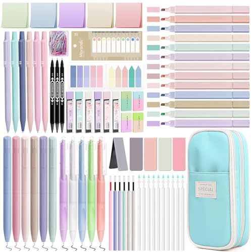 Focxoio 122 PCS Aesthetic Stationery Supplies with Pencil Case, 12 Pastel Highlighters, 11 Gel Pens, 6 Mechanical Pencils Set 0.5 & 0.7 mm and So on for Students Stationery College Essentials, Blue