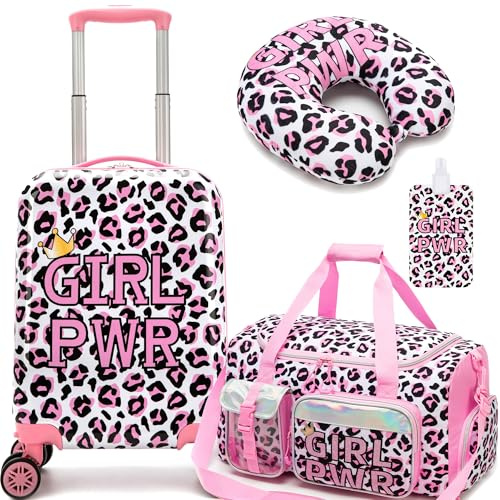 HTgroce Set med 3 resväskor för barn, resväska med nackkudde, bagageetikett, resväska för flickor med universalhjul, 31 x 19.5 x 40.5 cm