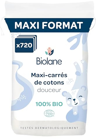 BIOLANE 12 Maxi-Quadrate Wattepads – Baby – 100% Bio – 720 Baumwolle – für empfindliche Haut – Change & Toilette – ab der Geburt – hergestellt in Frankreich