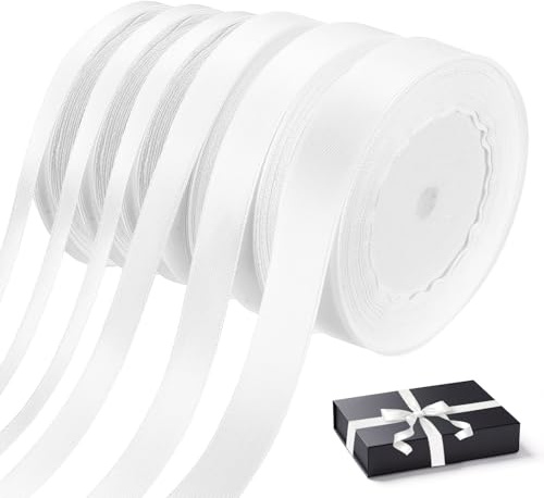6 Rollos de Cinta de Satén Blanco, 6/10/15/20 mm x 22 mCinta Regalo Blanca, Cinta de Regalo Decorativa de Poliéster para Globos, Decoración de Bodas Cumpleaños Fiestas Envoltura de Regalos