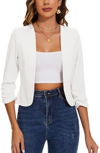 MINTLIMIT Women's Suit Jackets & Blazers Cropped 3/4 Ruched Sleeve Casual Blazer for Ladies Collarless (White M)