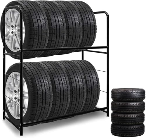 Autoreifen-Lagerregal, 2-stufiger, bodenstehender Reifenständer, verstellbare Querstange, 4/8-Zoll-Reifenhalter mit Rollen für Werkstatt, Garage, Reparaturwerkstatt, groß + ohne Ro