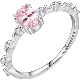 Skcess 14K Weißgold Ringe Frauen Pink Künstlicher Morganit 4x6mm, Rund mit Rosa Kristall (Oval) Damen Ring Moissanit Größe 60 (19.1)