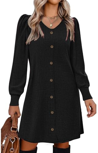 Vossmi Robes Casual Femme Manches Longues Robe Pull Femme Hiver Décontractée Mini Robe Femmes Col V Chic et Elegant Noir M