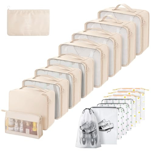Arrangör-set med 18 delar, vattentäta packningskuber, multifunktionella resepackkuber, bagageorganisatör packpåsar för resväskor, researrangör set med klädväskor (beige)