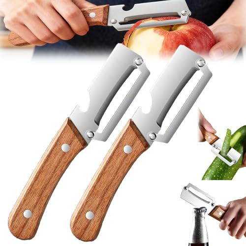 Pelador de verduras multifuncional para cocina, pelador de frutas y verduras 2 en 1 premium 2025 con abridor de botellas y mango de madera, peladores de patatas de una sola hoja de acero inoxidable (2
