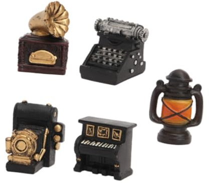 TOBBOMEY Piano Miniature Lampe Rétro Tourne-Disque Machine à Écrire et Lampe à Pétrole Accessoires Décoratifs pour Maison Miniature et Scènes de Micro-Paysage