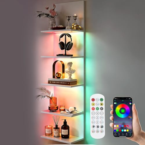 Wandregal mit RGB+IC-Beleuchtung, Bücherregal Wand mit APP & Fernbedienung | Wandregal Weiß 5 Ebenen, Wandregal Schmal Schminktisch Hängend Regal für Schlafzimmer, Wohnzimmer, 30x18x117 cm, Weiß