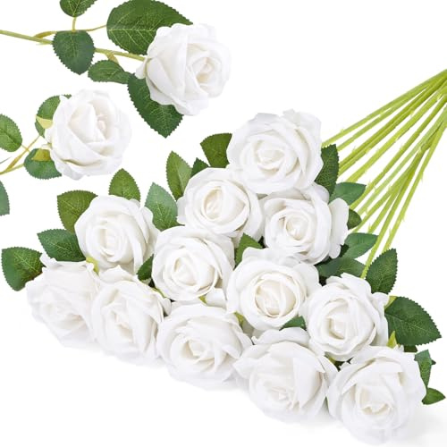 Lifewit 12 Pezzi di Rose Artificiali, Fiori di Seta Classiche con Manico Lungo, per DIY Bouquet di Matrimoni/Spose, Decorazioni da Tavola/San Valentino/Feste/Casa, Realisticamente Morbido, Bianco