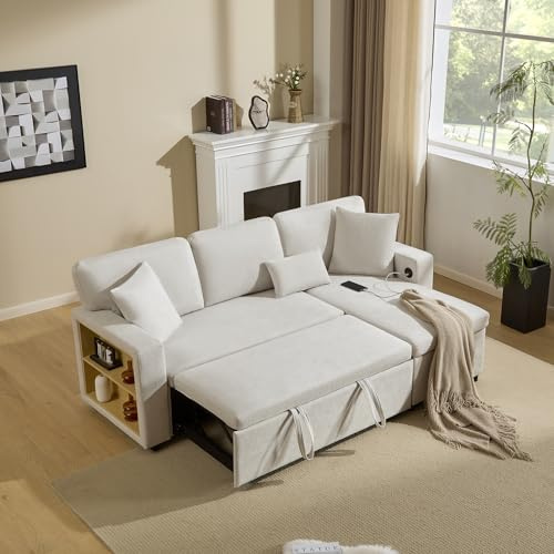 ZIDEY Schlafsofa mit Schlaffunktion, USB-Anschluss, Loungesofa Daybed mit Regal, L-Form Sofa, Klappsofa Sofabett, Schlafcouch für Wohnungen Wohnzimmer, Beige