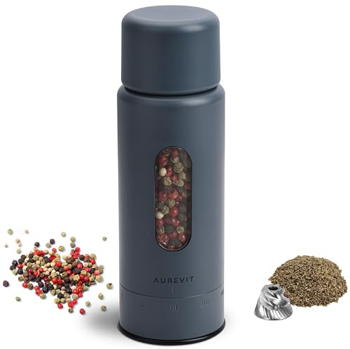 Aurevit Manual Pepper Grinder, Single Pepper Mill with 420 Stainless Steel Core, External Adjustable Coarseness, Refillable, Durable Design (Blue-Grey)