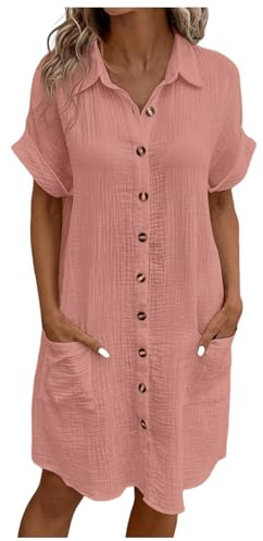 Générique Robe Lin Coton Femme Ete Chic Elegant Tunique Robe Manches Courtes Ample Casuel Couleur Unie Robes avec Boutons Col V Robes De Plage Grandes Tailles Dress pour FêTe Vacances S-4XL