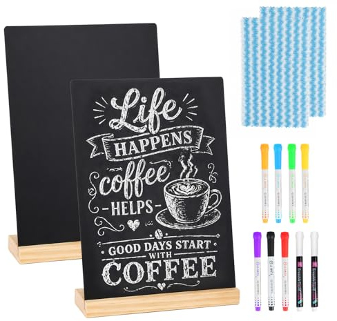2 x A4 skiffertavlor för skrivning, whiteboardtavlor med träbas, reserverade skyltar, gastronomi, buffé, prislappar (30 x 21 cm) + 9 pennor, 2 dukar