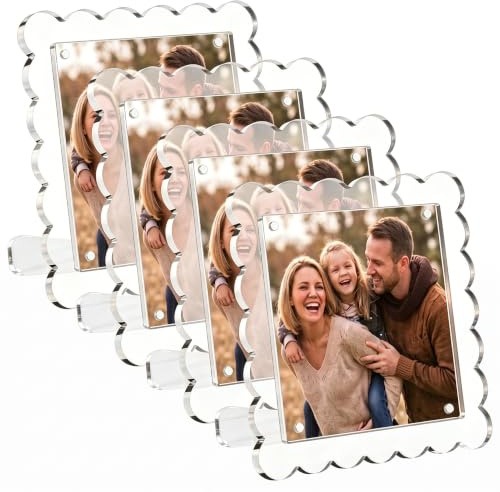 4 Pack 4x4 Inch Magnetic Acrylic Picture Frame, Clear Acrylic Picture Frames Set, Frameless Magnetic Photo Display Rack for Desktop Display (Fan-Shaped+Square)