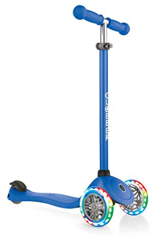 Globber Primo Lights – Tretroller Kinder, 120/80 mm, ABEC 5, 3-rädrig, höhenverstellbar, LED-Leuchtrollen, dunkelblau